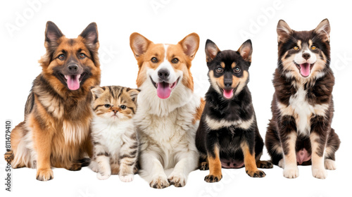 Group of dogs and cat isolated on transparent background