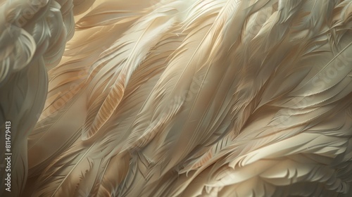 A mesmerizing close-up capture showcasing the delicate beauty of soft beige feathers, their ethereal texture and subtle tones creating a sense of serenity 