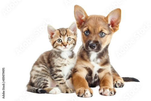 Cute kitten and puppy, cute cat and dog isolated on transparent background