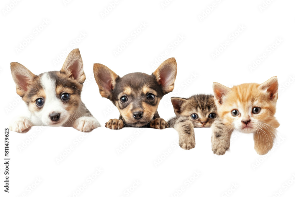 Obraz premium Cute puppy and kitten group hanging or peeking over web banner