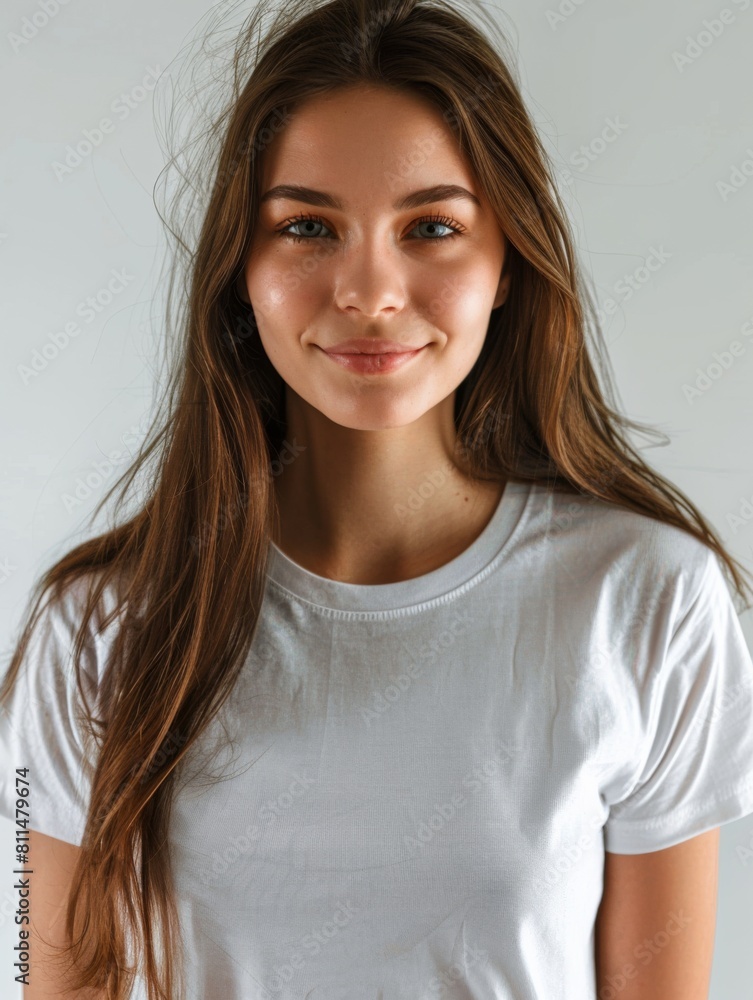 Woman wearing white tshirt mockup created with generative AI Woman wearing white tshirt mockup created with generative AI
