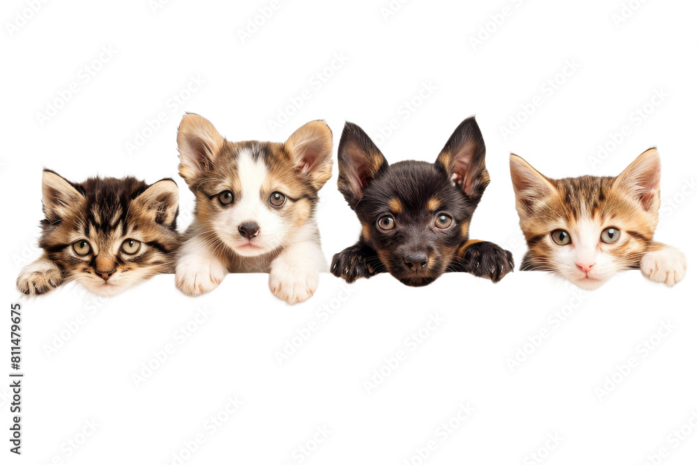 Cute puppy and kitten group hanging or peeking over web banner. Cute baby dogs and cats group