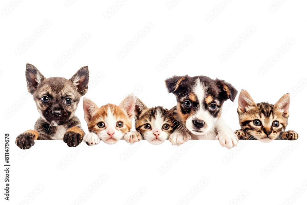 Cute puppy and kitten group hanging or peeking over web banner. Cute baby dogs and cats group Cute puppy and kitten group hanging or peeking over web banner. Cute baby dogs and cats group