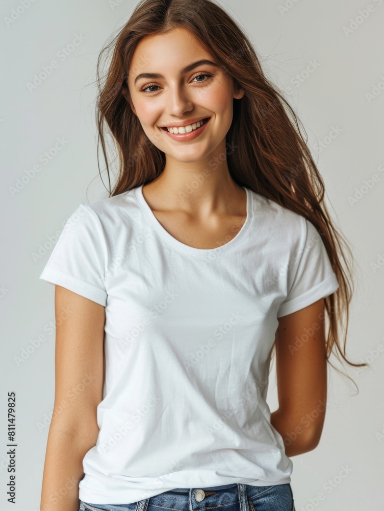 Fototapeta premium Woman wearing white tshirt mockup created with generative AI