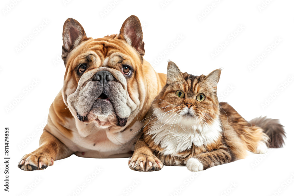 Bulldog and tabby cat. Dog and cat isolated on transparent background