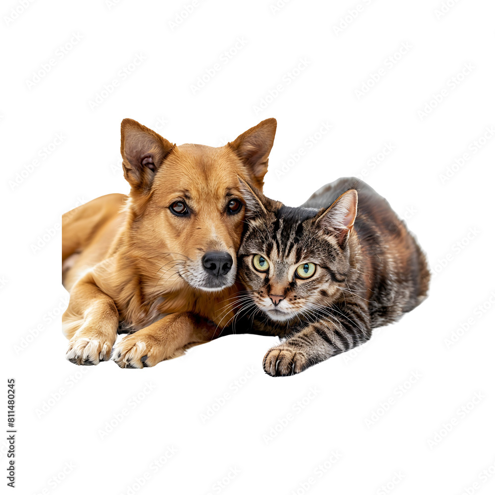 Adorable Cat and Puppy Sitting Together on White Background