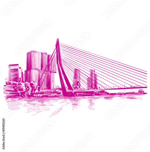 hand drawn background of the erasmusbrug rotterdam netherlands in pink