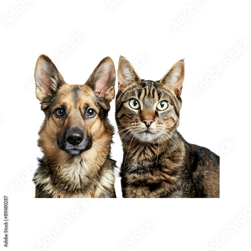 Two cute pets, a cat and a puppy, sitting together on a white background