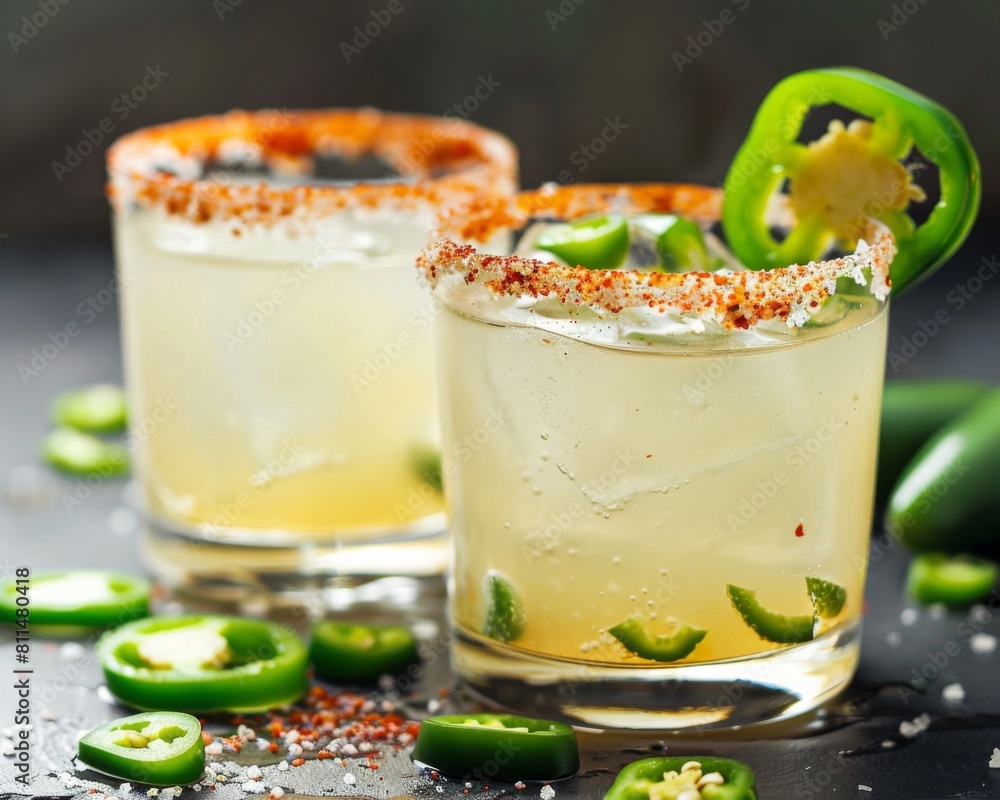 A spicy margarita with a chili salt rim and a slice of jalapeno, super realistic A spicy margarita with a chili salt rim and a slice of jalapeno, super realistic