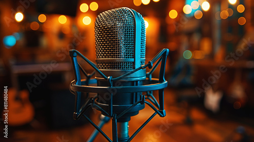 Closeup of a professional recording microphone  with a blurry background of the recording studio
