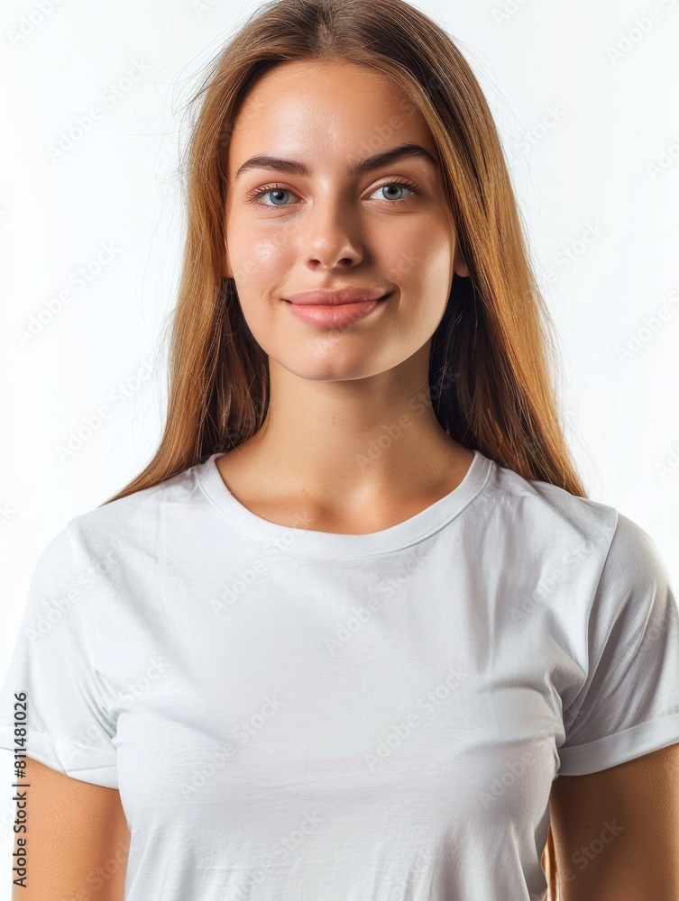 Woman wearing white tshirt mockup created with generative AI Woman wearing white tshirt mockup created with generative AI