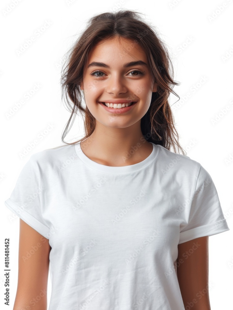 Woman wearing white tshirt mockup created with generative AI Woman wearing white tshirt mockup created with generative AI