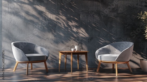 Realistic home interior portrait with minimalist century modern chairs. AI interior image