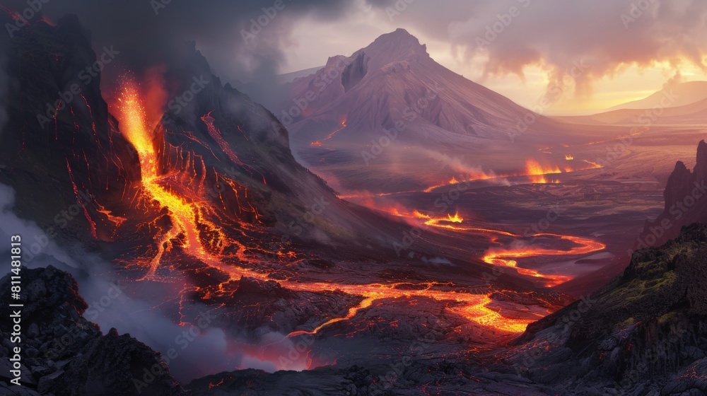 A mesmerizing sight of the Alitli-Hr??tur volcanic eruption, with molten lava flowing down the mountainside, 