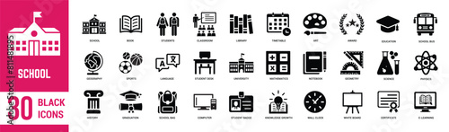 School solid icons set. School, college, university, teacher, education, institution, building and class room. Vector illustration