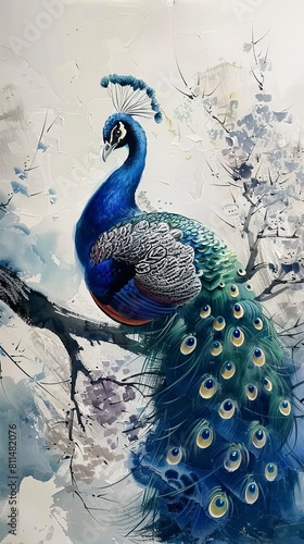 a painting of a peacock sitting on a tree branch, pavo real
