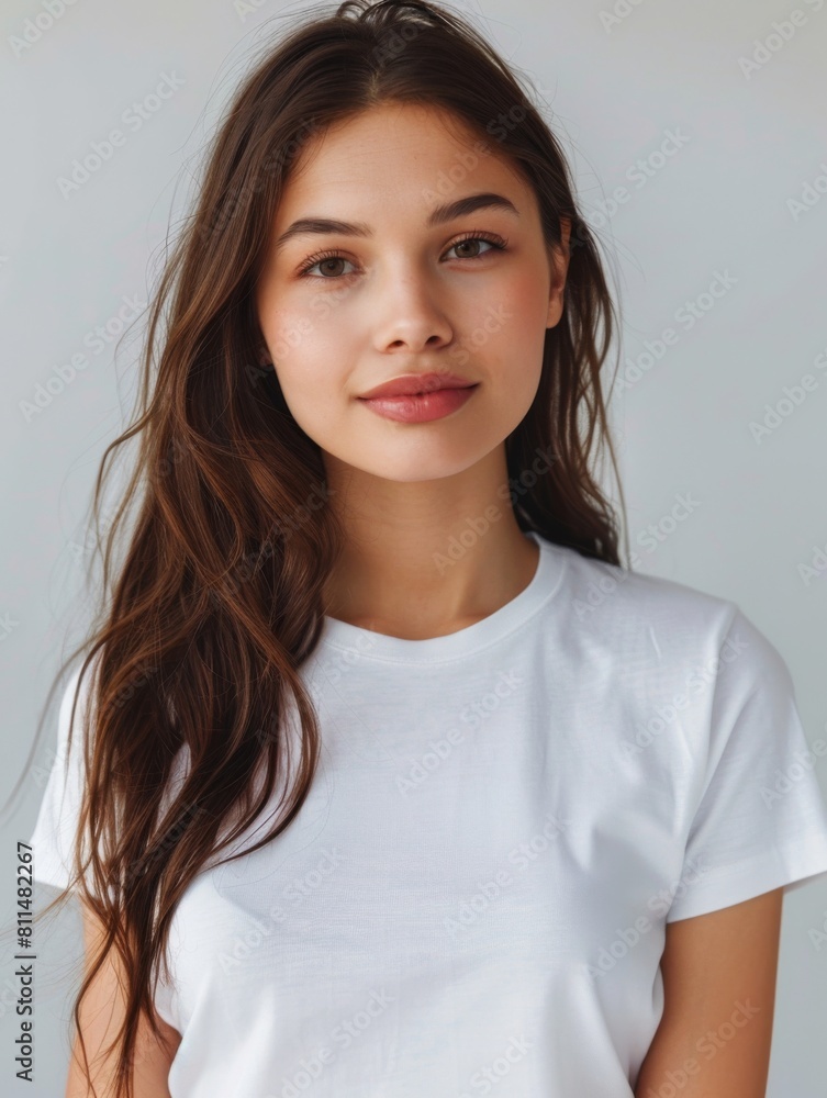 Woman wearing white tshirt mockup created with generative AI Woman wearing white tshirt mockup created with generative AI