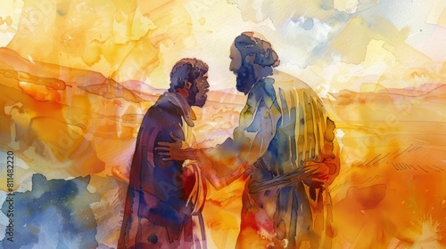 Parable of the Prodigal Son with the father welcoming his wayward son home photo
