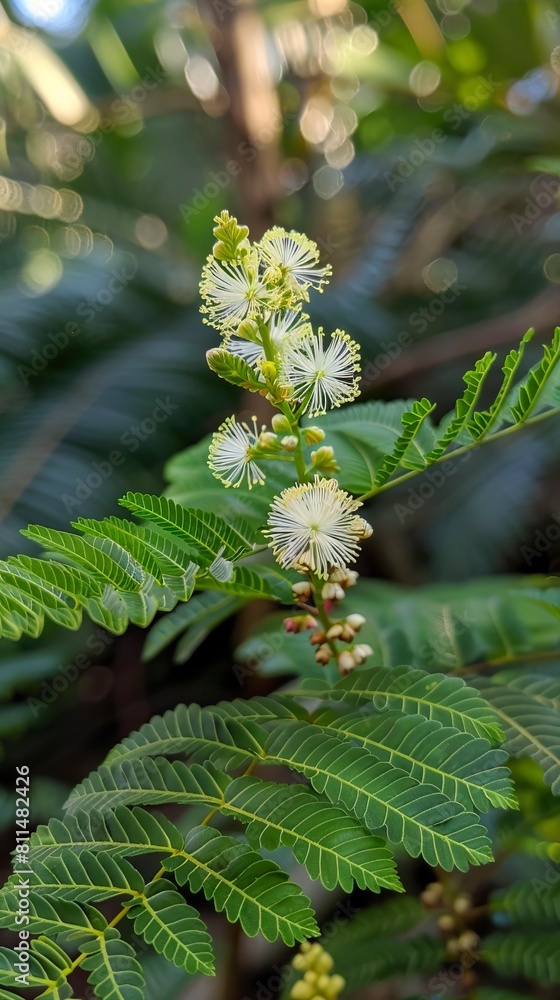 A photo capturing Mimosa hostilis (Jurema), showcasing its fern-like leaves, white flowers A photo capturing Mimosa hostilis (Jurema), showcasing its fern-like leaves, white flowers