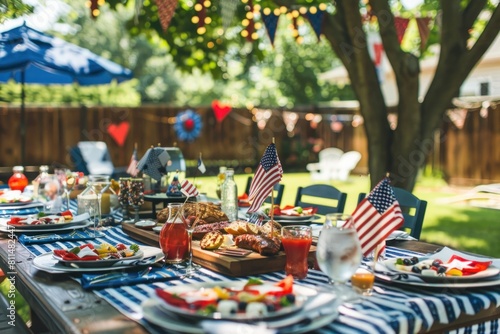 A festive Independence Day barbecue setup in backyard with American decorations and a variety of food. 4th of July, american independence day, happy independence day of america , memorial day concept photo