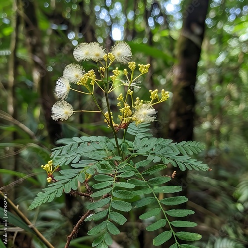 A photo capturing Mimosa hostilis (Jurema), showcasing its fern-like leaves, white flowers photo