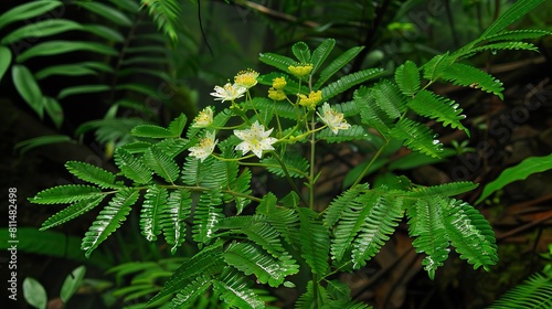 A photo capturing Mimosa hostilis (Jurema), showcasing its fern-like leaves, white flowers photo