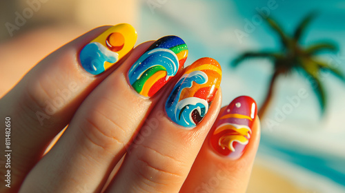 Vibrant Nail Art with Sunset and Waves