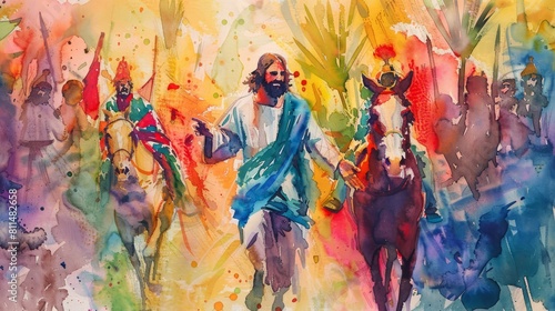 Joyful watercolor depiction of Jesus' triumphal entry into Jerlem © KerXing