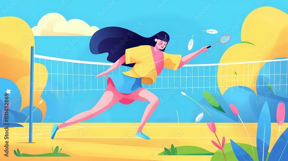 Badminton Court with Joyful Woman Player in Illustration