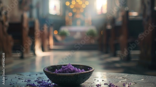 A poignant image showcasing purple ashes in a ceremonial dish, signifying the observance of Ash Wednesday, against the backdrop of an empty church interior