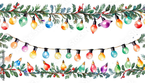 lights painted illustration multicolor background christmas seamless party hand ornament border transparent watercolor holiday garland glowing pattern banner bright bulb card celebration colourful