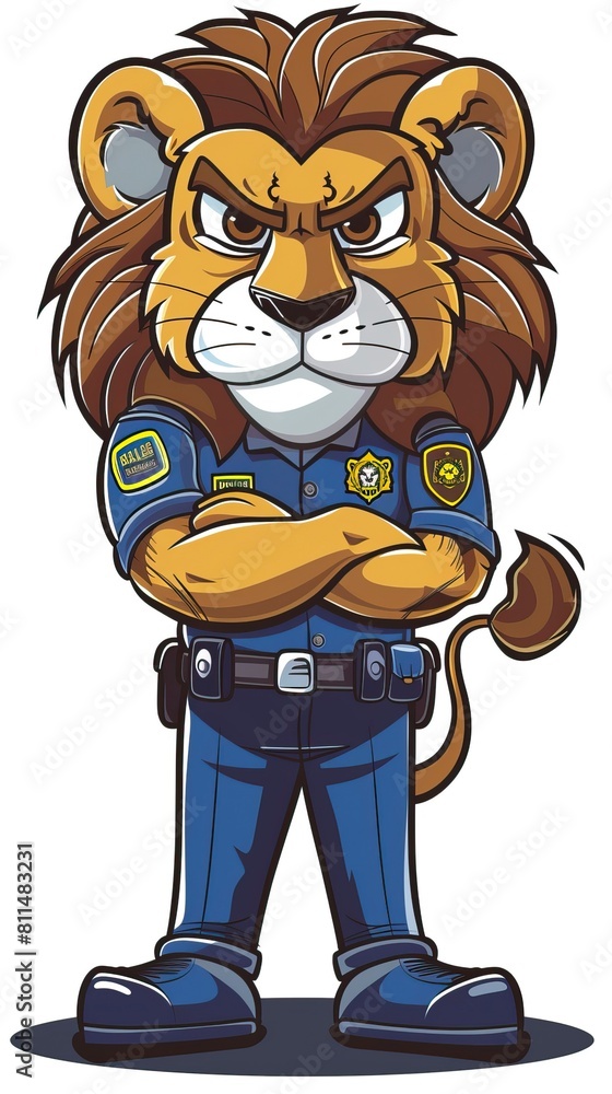 Naklejka premium A powerful lion police cartoon style, lion drawing 
