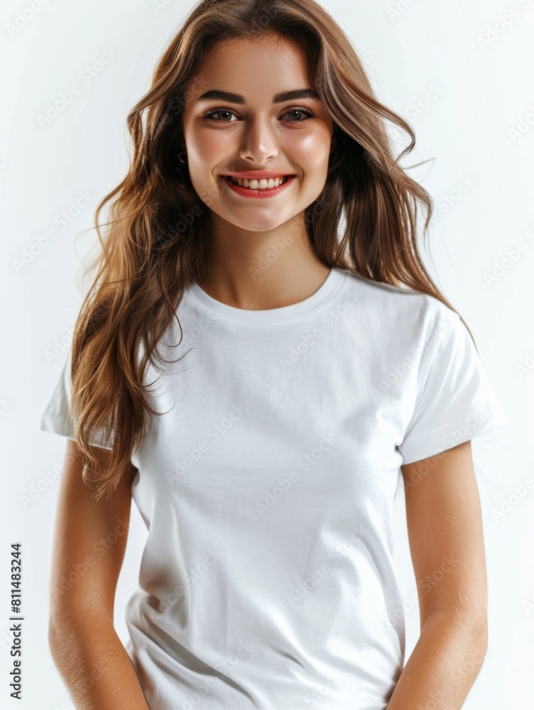 Woman wearing white tshirt mockup created with generative AI Woman wearing white tshirt mockup created with generative AI