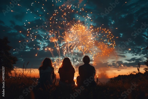 Three friends sitting in the park watching fireworks at night. Generative AI.