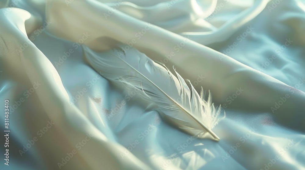 Naklejka premium A serene image capturing the delicate beauty of a single, white feather elegantly placed on a smooth, soft fabric surface