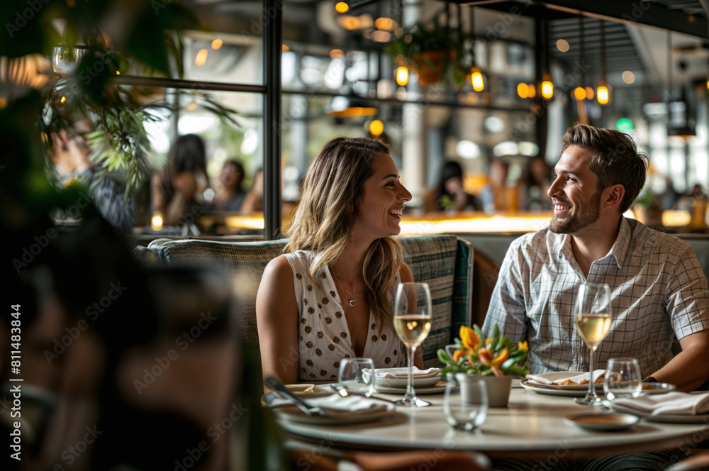 A man and woman are sitting at a table in a restaurant, smiling at each other. The table is set with wine glasses, a fork, a knife, and a bowl. There are also flowers in vases and potted plants around A man and woman are sitting at a table in a restaurant, smiling at each other. The table is set with wine glasses, a fork, a knife, and a bowl. There are also flowers in vases and potted plants around