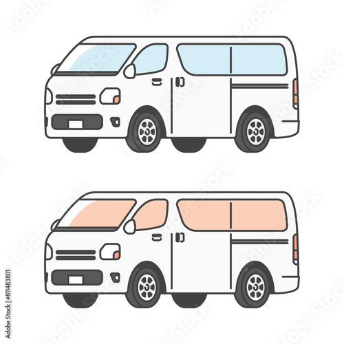 物流シリーズ：働くクルマ。多目的な商用車バン、ワンボックスカー。(カラー&モノカラーのSET)