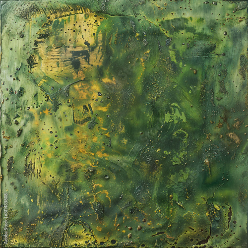 An abstract painting with a textured green surface featuring splatters of gold and brown.