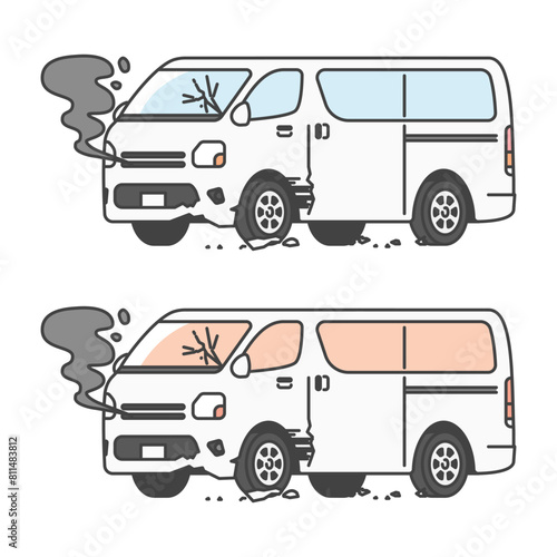 物流シリーズ：交通事故で壊れてしまった商用車バン、ワンボックスカー。(カラー&モノカラーのSET)