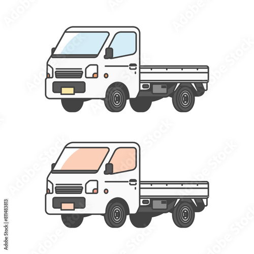 物流シリーズ：働く車・日本の軽トラ、軽トラックのイラスト(カラー&単色モノカラーのセット)