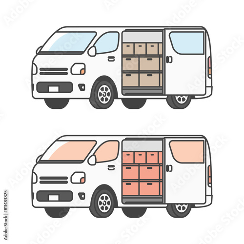 物流シリーズ：荷物を積み込んだ、配達へ出発する商用車バン、ワンボックスカー。(カラー&モノカラー)