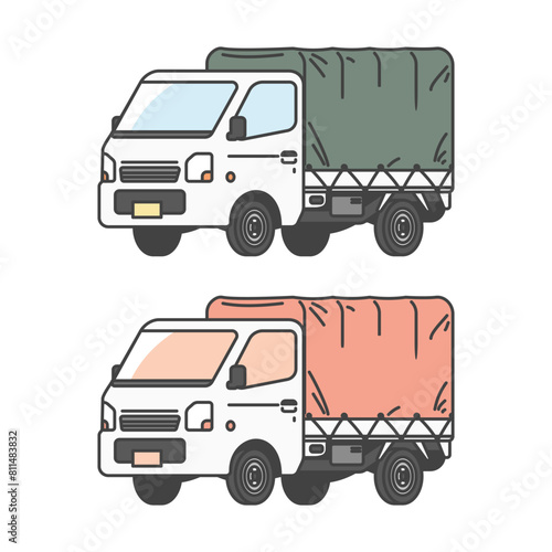 物流シリーズ：幌を付けた荷物を運ぶ日本の軽トラ・軽トラックのイラスト(カラー&単色モノカラーのセット)