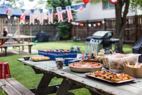 A military-themed Independence Day backyard barbecue setup with various foods and patriotic decorations. 4th of July, american independence day, memorial day concept