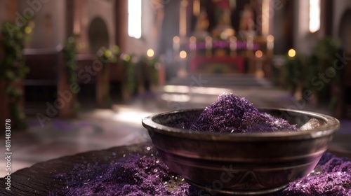 A solemn and reverent depiction of purple ashes in a ceremonial dish  representing the observance of Ash Wednesday  set against the blurred background of an empty church nave