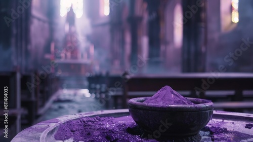 A solemn and reverent depiction of purple ashes in a ceremonial dish  representing the observance of Ash Wednesday  set against the blurred background of an empty church nave