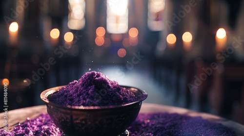 A solemn and reverent depiction of purple ashes in a ceremonial dish  representing the observance of Ash Wednesday  set against the blurred background of an empty church nave