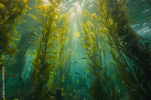 An underwater view of a lush kelp forest teeming with diverse marine life and illuminated by sunlight. International Day for Biological Diversity