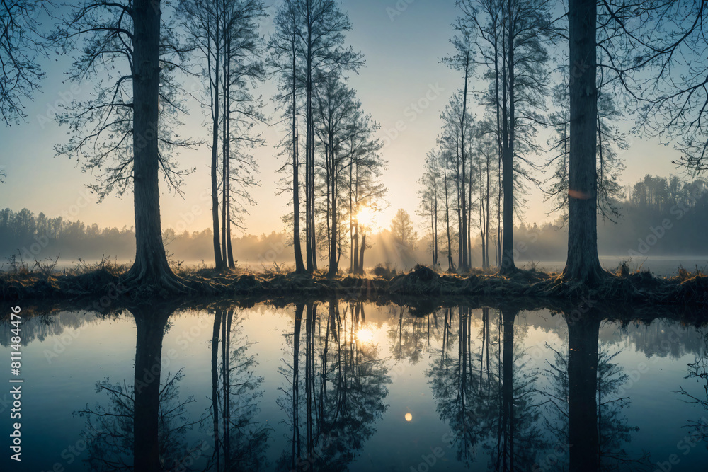 A quiet lake scene under the morning sunlight, with distant mountains veiled by mist, Generative AI