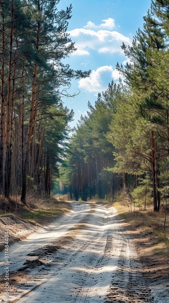 a sandy road through pine-tree and birtch forest in spring a sandy road through pine-tree and birtch forest in spring