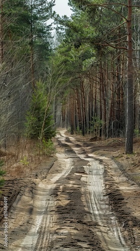 a sandy road through pine-tree and birtch forest in spring